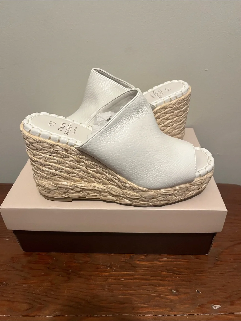 Open-Toe White Espadrille Wedge Mules